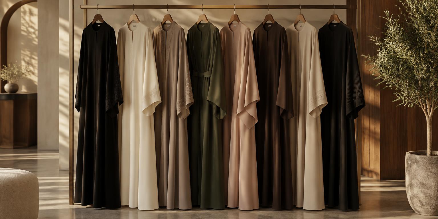 A refined rail of neutral modest dresses and abayas